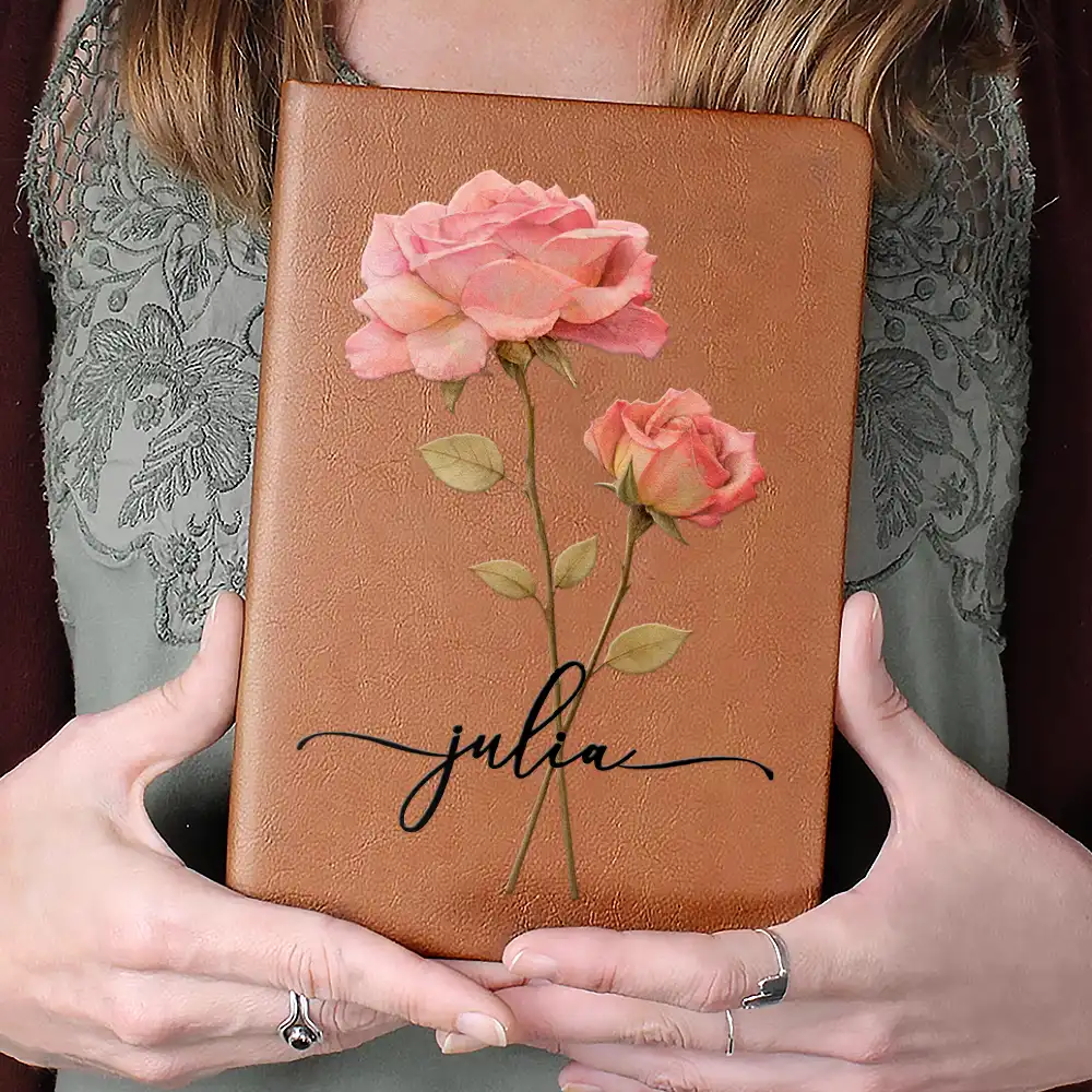 Faux Pressed Effect Birth Flower Blooming In Love - Personalized Leather Journal - Image 4