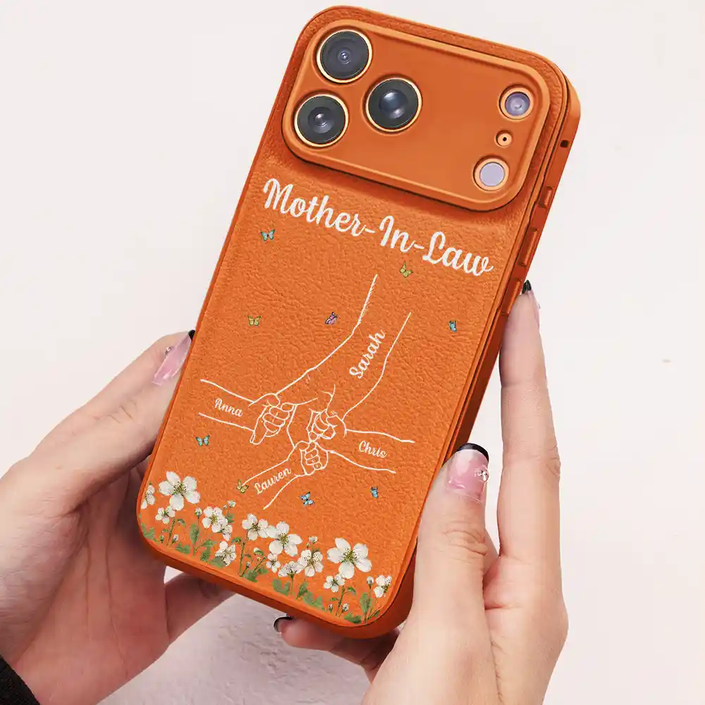Faux Pressed Flower Mom And Children Holding Hands - Personalized Leather Phone Case - Image 2