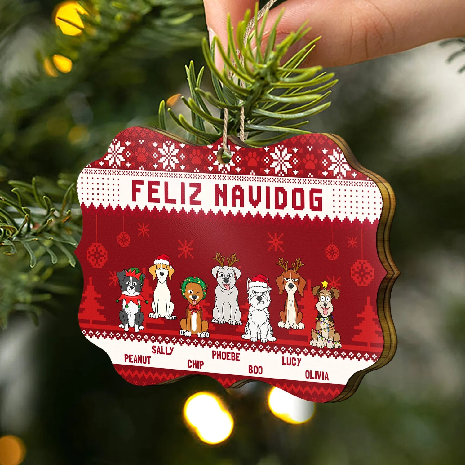 Feliz Navidog Merry Woofmas Funny Cartoon Dogs - Christmas Gift For Dog Lovers - Personalized Medallion Wooden Ornament - Image 2