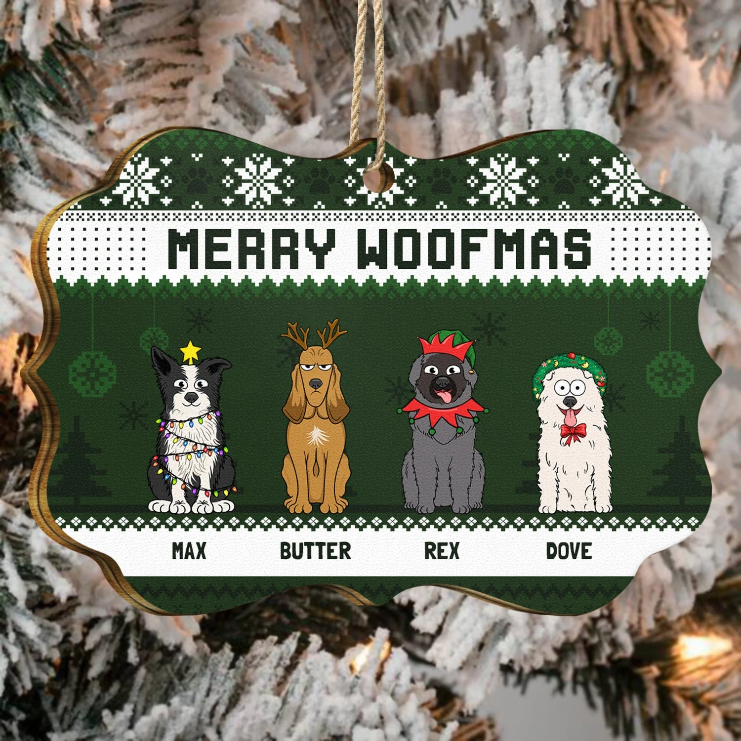Feliz Navidog Merry Woofmas Funny Cartoon Dogs - Christmas Gift For Dog Lovers - Personalized Medallion Wooden Ornament - Image 4