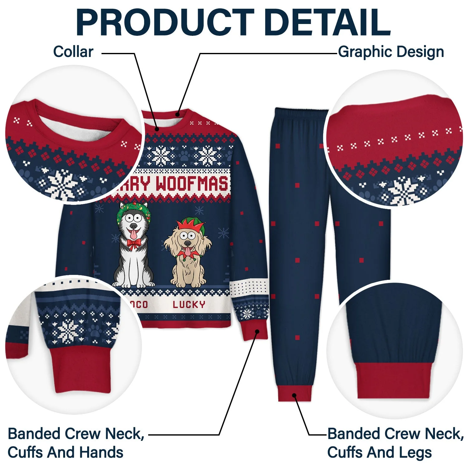Feliz Navidog Merry Woofmas Funny Cartoon Dogs - Christmas Gift For Dog Lovers - Personalized Unisex Pajamas Set - Image 4