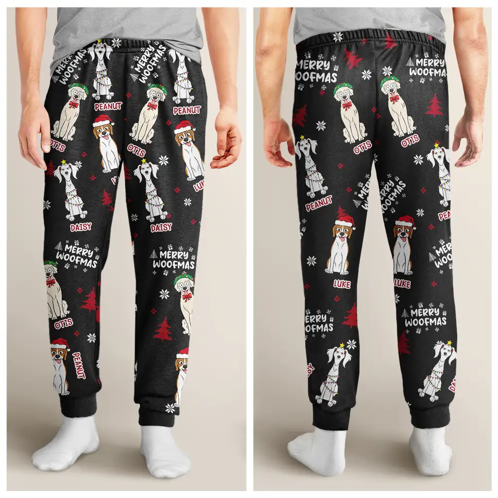 Feliz Navidog Merry Woofmas Funny Cartoon Dogs - Personalized Pajama Pants - Image 4