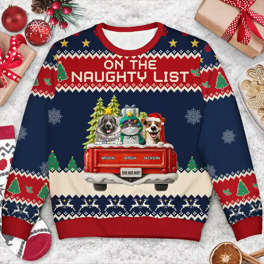 Feliz Navidog Truck Red - Personalized Unisex Ugly Sweater - Image 3