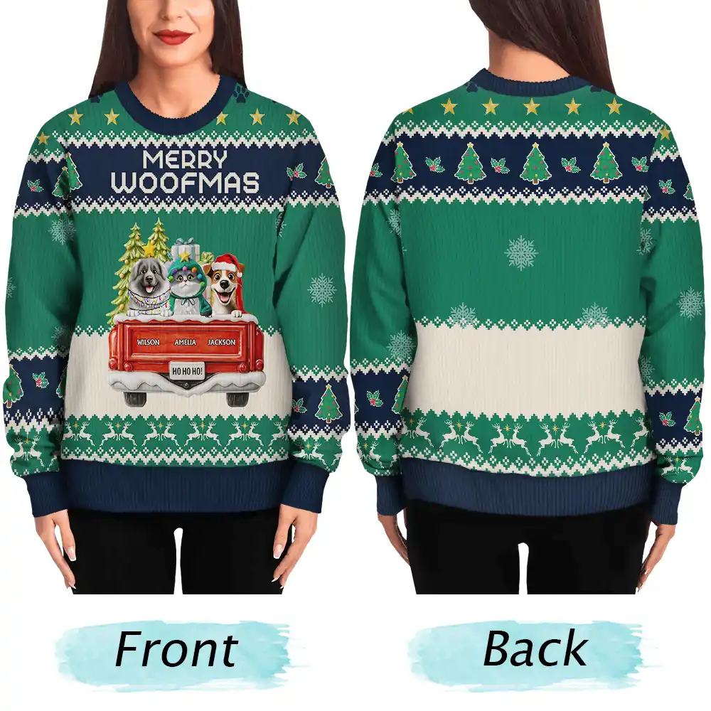 Feliz Navidog Truck Red - Personalized Unisex Ugly Sweater - Image 5