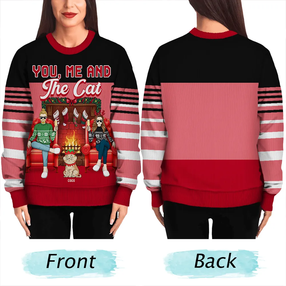 Fireplace You, Me And The Cat - Personalized Unisex Ugly Sweater - Image 4