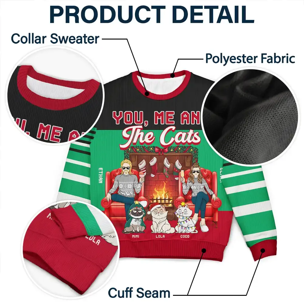 Fireplace You, Me And The Cat - Personalized Unisex Ugly Sweater - Image 5