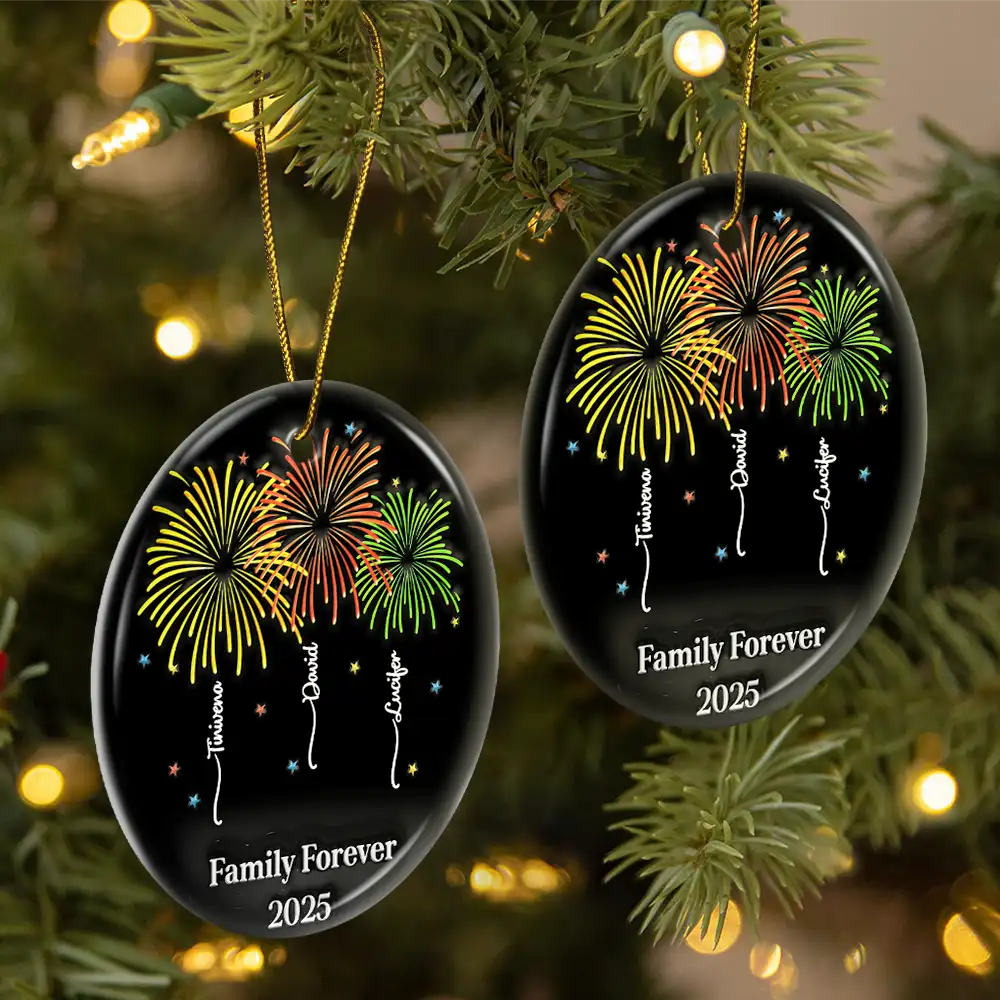 Firework Family Bestie Custom Name - Personalized Circle Ceramic Ornament - Image 2