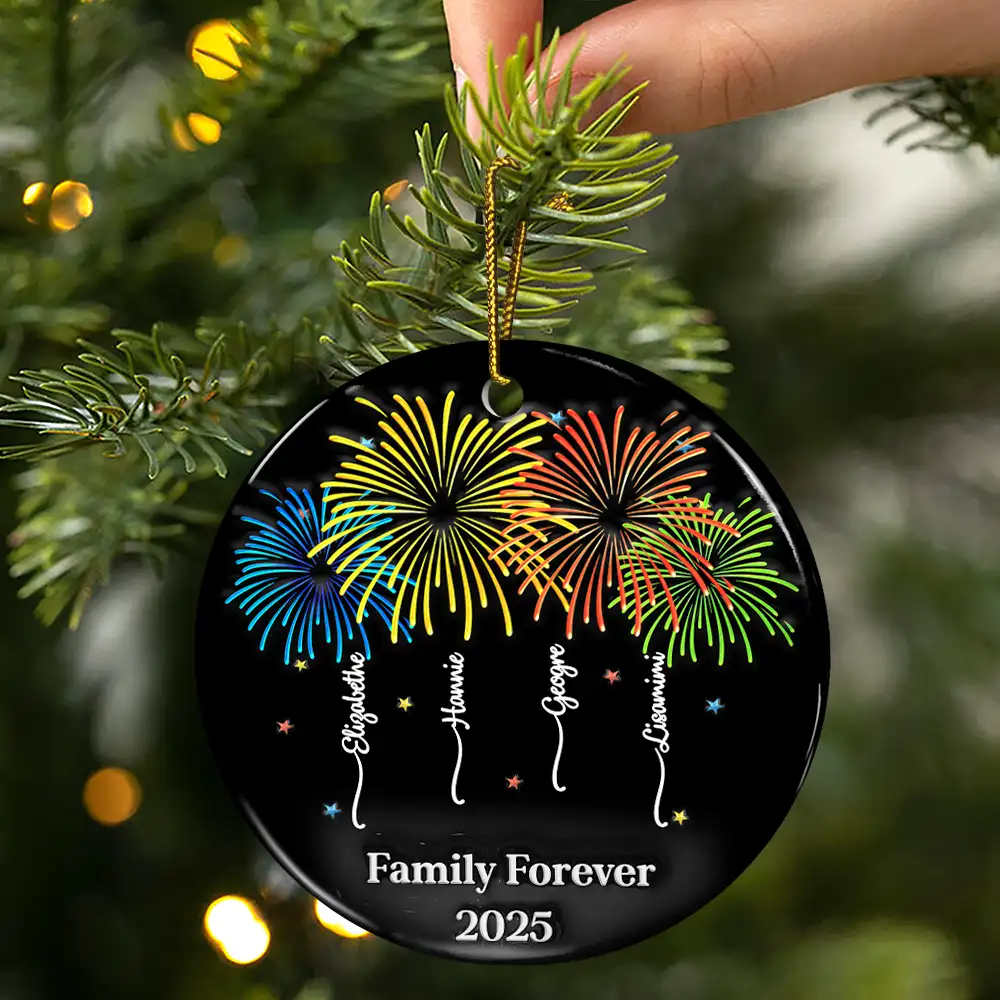 Firework Family Bestie Custom Name - Personalized Circle Ceramic Ornament - Image 3