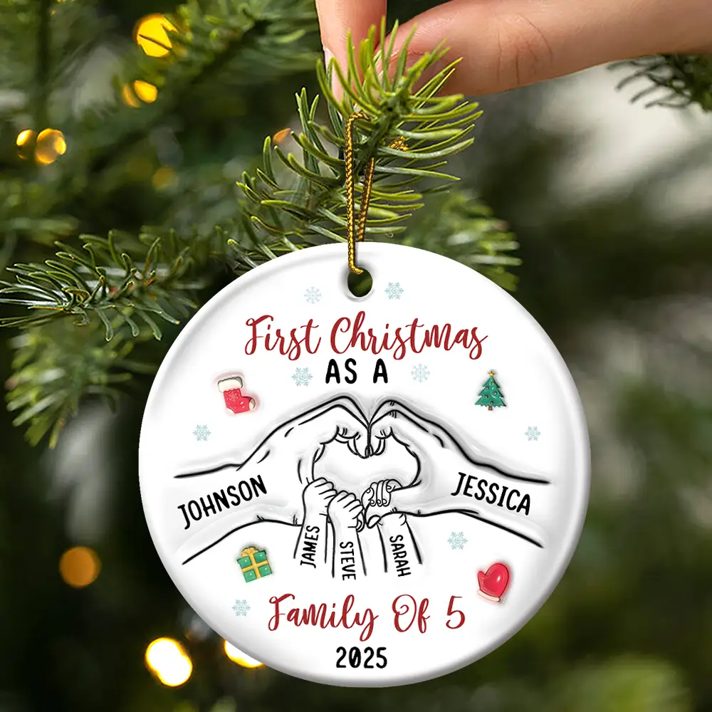 First Christmas As A Family As Three - 3D Inflated Effect Printed Ornament, Personalized Circle Ceramic Ornament - Image 3