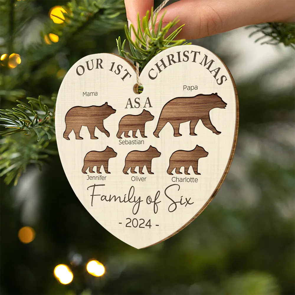 First Christmas As A Family Of Four Bear - Personalized Custom Shaped Wooden Ornament - Image 2