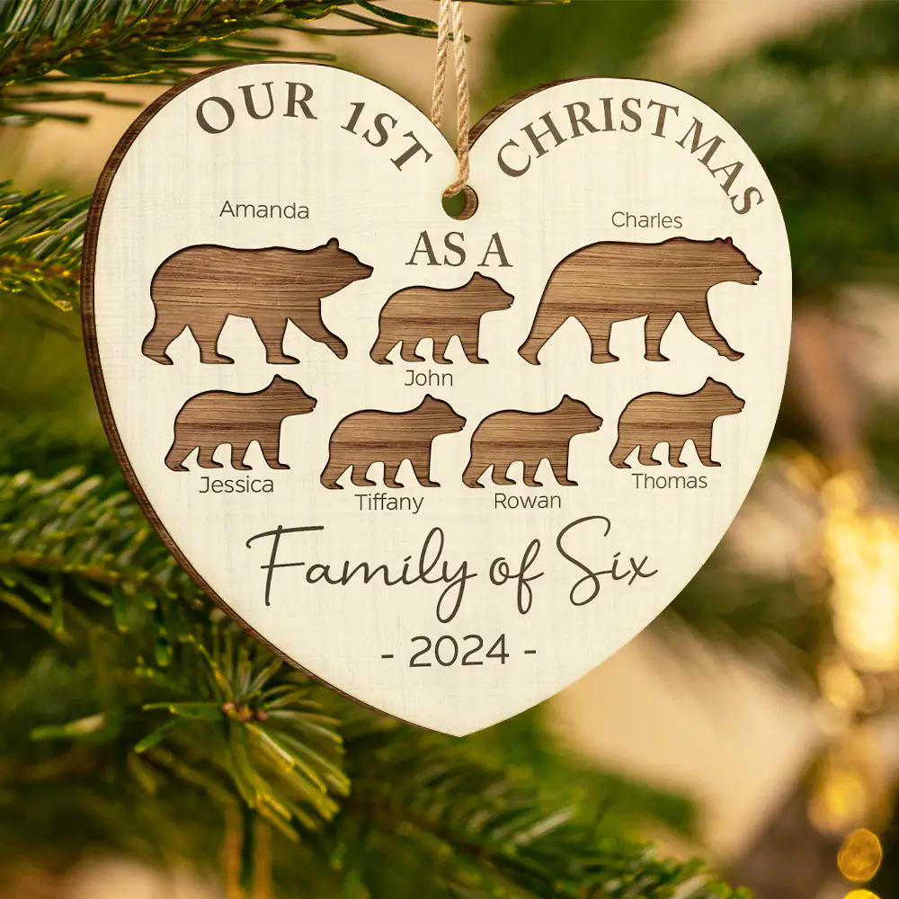 First Christmas As A Family Of Four Bear - Personalized Custom Shaped Wooden Ornament - Image 3