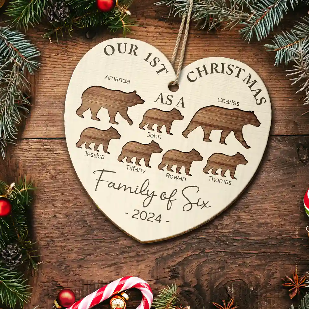 First Christmas As A Family Of Four Bear - Personalized Custom Shaped Wooden Ornament - Image 5