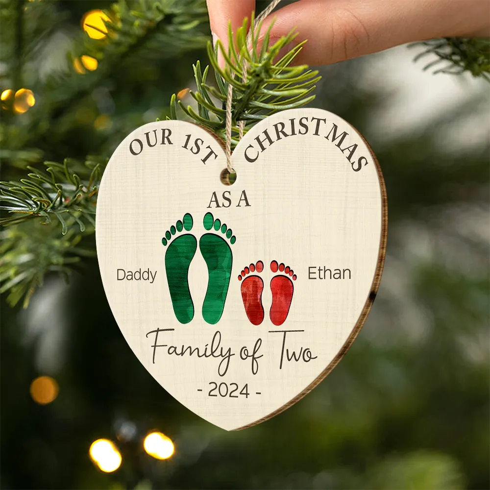 First Christmas As A Family Of Four Color Footprints - Personalized Custom Shaped Wooden Ornament - Image 2