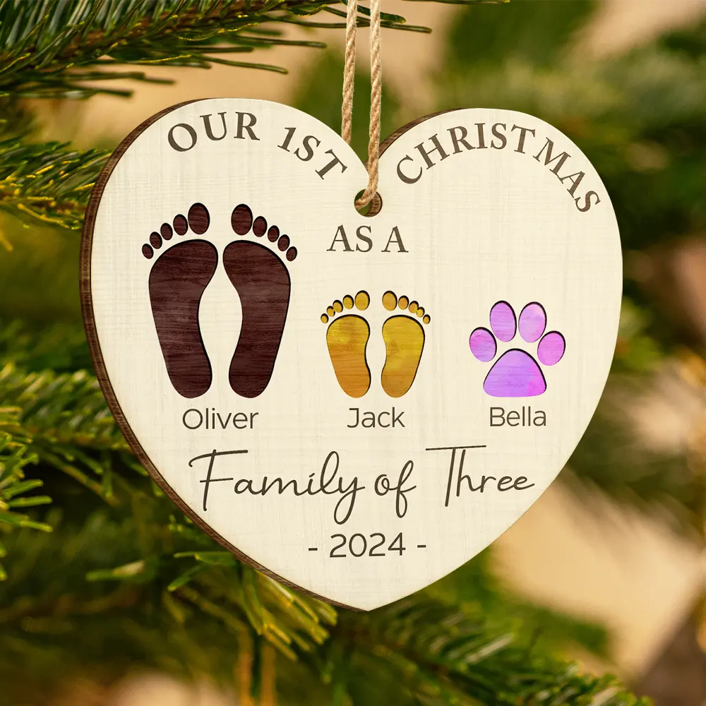 First Christmas As A Family Of Four Color Footprints - Personalized Custom Shaped Wooden Ornament - Image 3