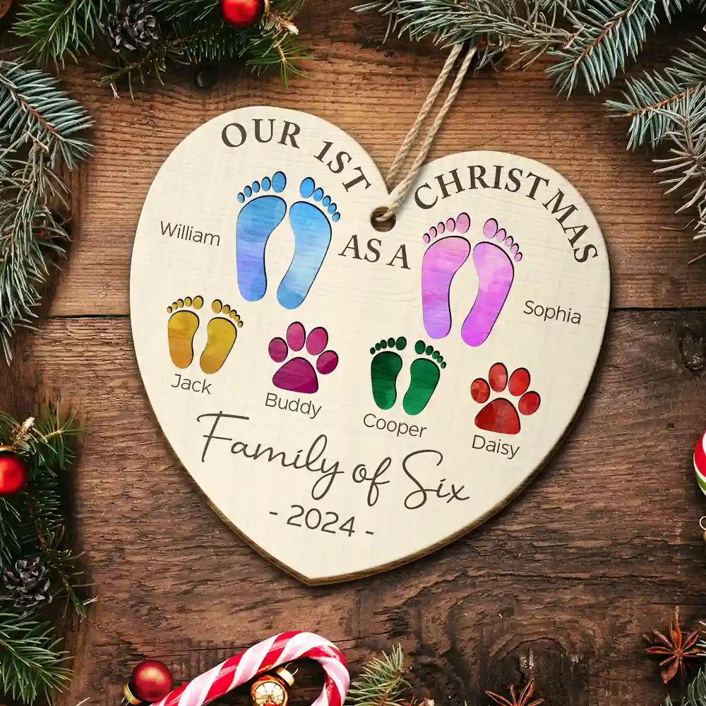 First Christmas As A Family Of Four Color Footprints - Personalized Custom Shaped Wooden Ornament - Image 5