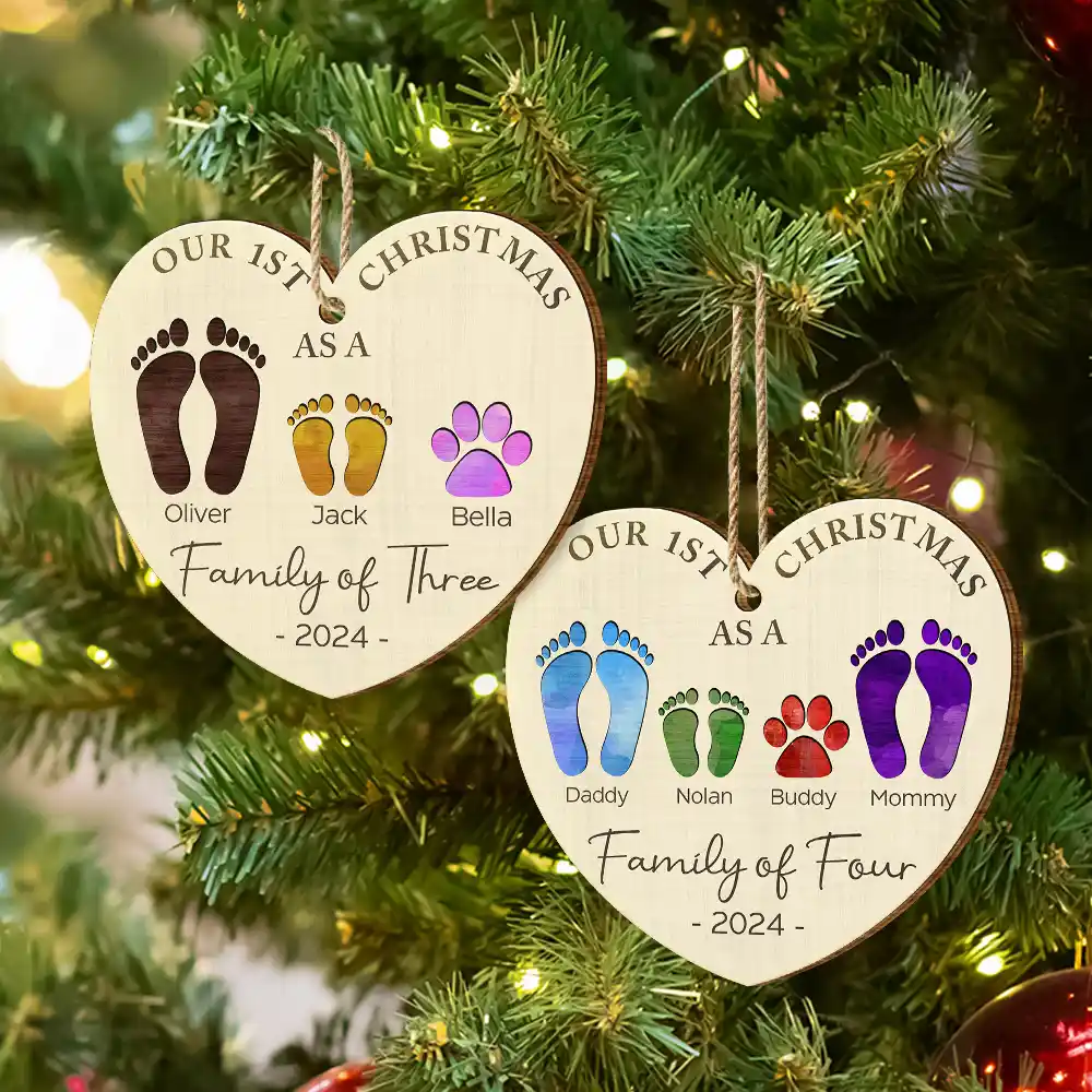 First Christmas As A Family Of Four Color Footprints - Personalized Custom Shaped Wooden Ornament - Image 6