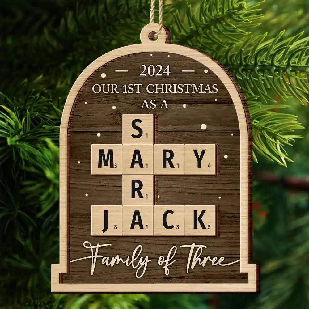 First Christmas As A Family Of Four Crossword Scrabble - Personalized 2-Layered Wooden Ornament - Image 5