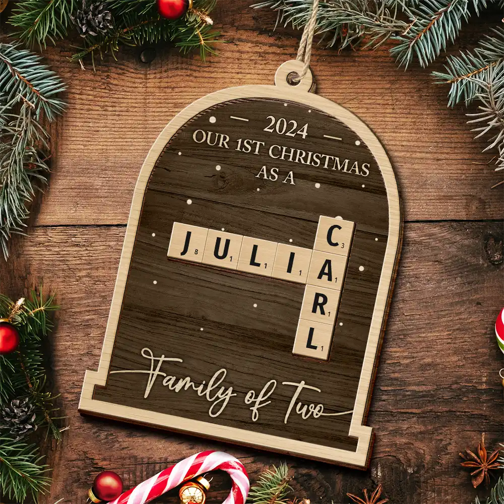 First Christmas As A Family Of Four Crossword Scrabble - Personalized 2-Layered Wooden Ornament - Image 6