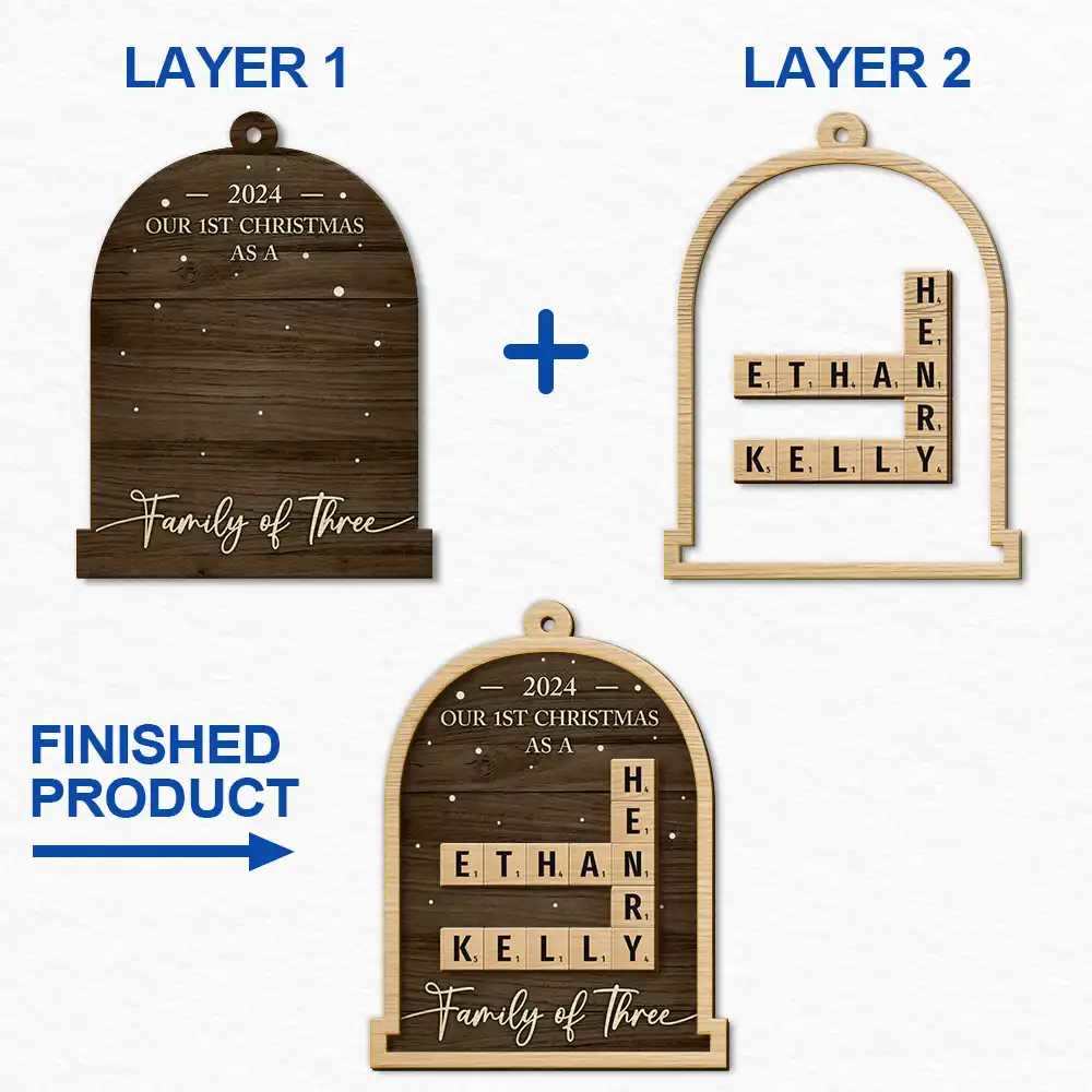 First Christmas As A Family Of Four Crossword Scrabble - Personalized 2-Layered Wooden Ornament - Image 7