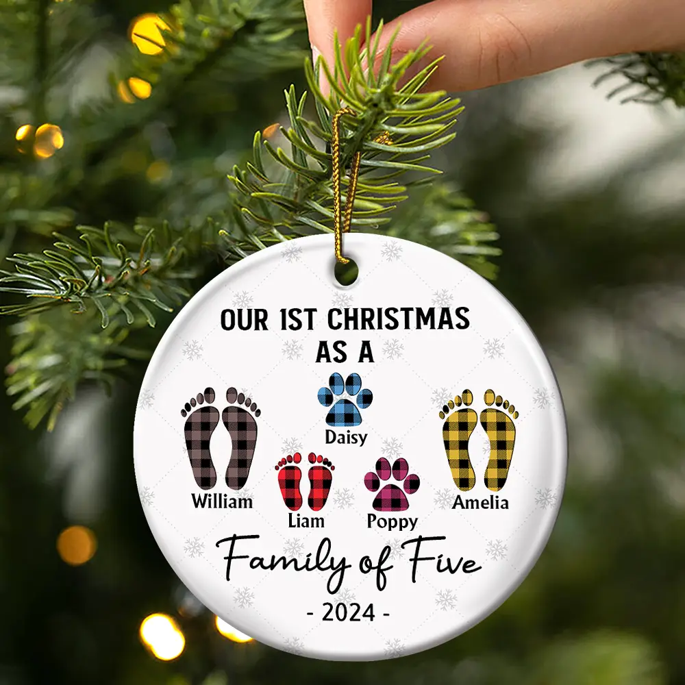 First Christmas As A Family Of Four Flannel Footprints - Personalized Circle Ceramic Ornament - Image 3
