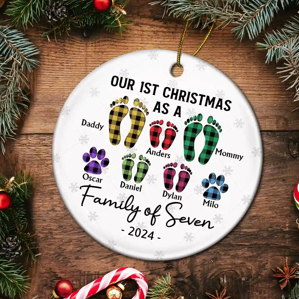 First Christmas As A Family Of Four Flannel Footprints - Personalized Circle Ceramic Ornament - Image 5
