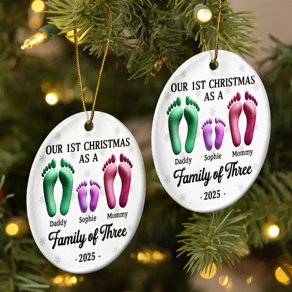 First Christmas As A Family Of Four Footprints 3D Effect - Personalized Circle Ceramic Ornament - Image 2