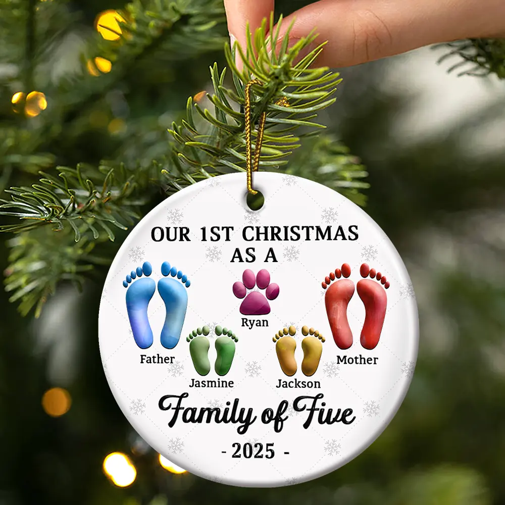 First Christmas As A Family Of Four Footprints 3D Effect - Personalized Circle Ceramic Ornament - Image 3