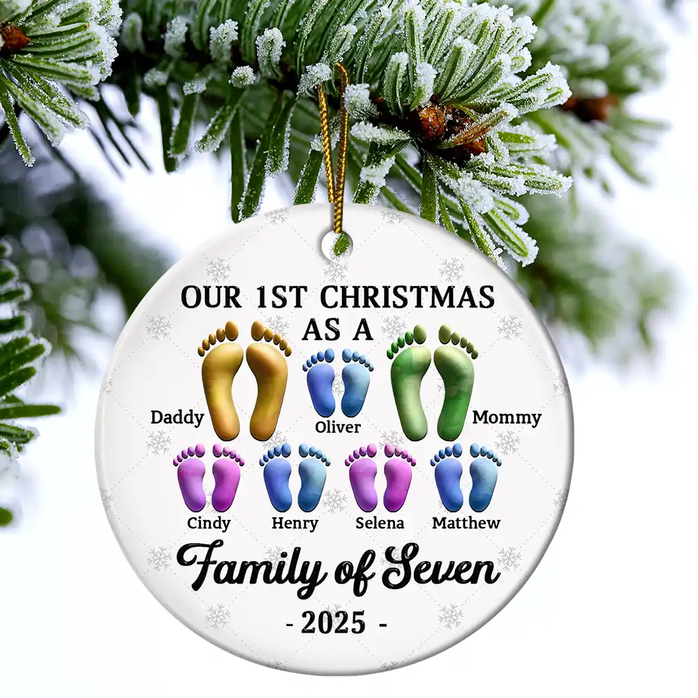 First Christmas As A Family Of Four Footprints 3D Effect - Personalized Circle Ceramic Ornament - Image 4