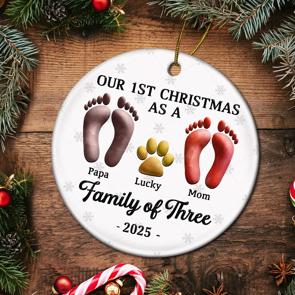 First Christmas As A Family Of Four Footprints 3D Effect - Personalized Circle Ceramic Ornament - Image 5