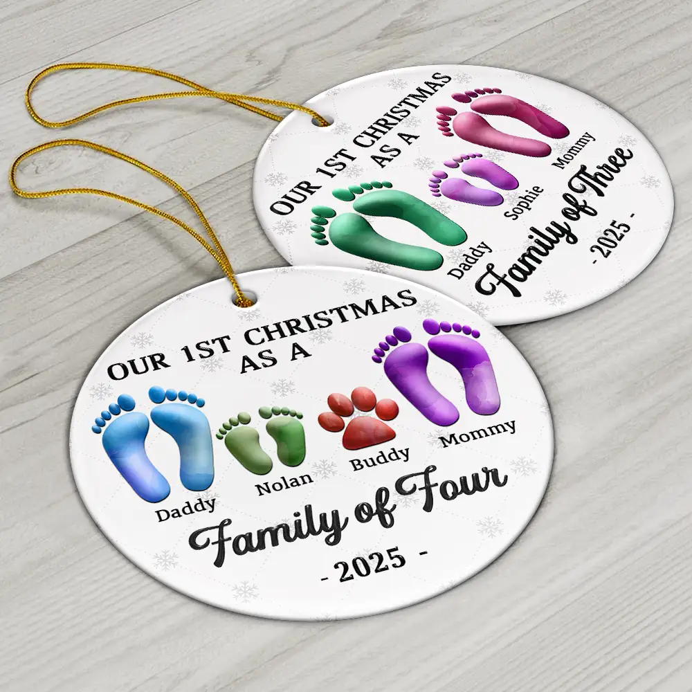 First Christmas As A Family Of Four Footprints 3D Effect - Personalized Circle Ceramic Ornament - Image 6