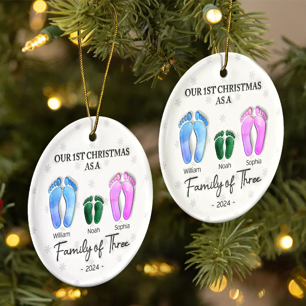 First Christmas As A Family Of Four Footprints - 3D Inflated Effect Printed Ornament, Personalized Circle Ceramic Ornament - Image 2