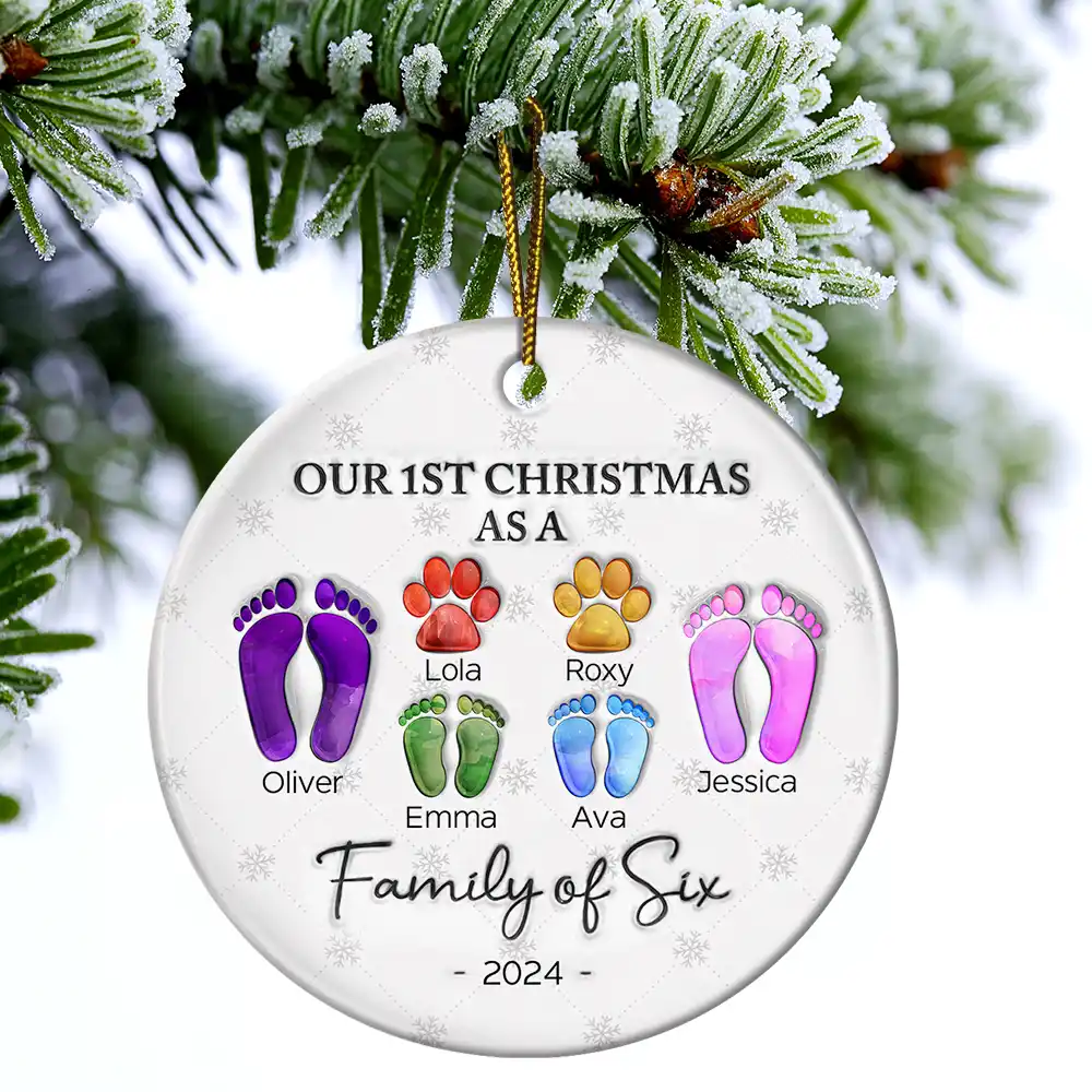 First Christmas As A Family Of Four Footprints - 3D Inflated Effect Printed Ornament, Personalized Circle Ceramic Ornament - Image 4