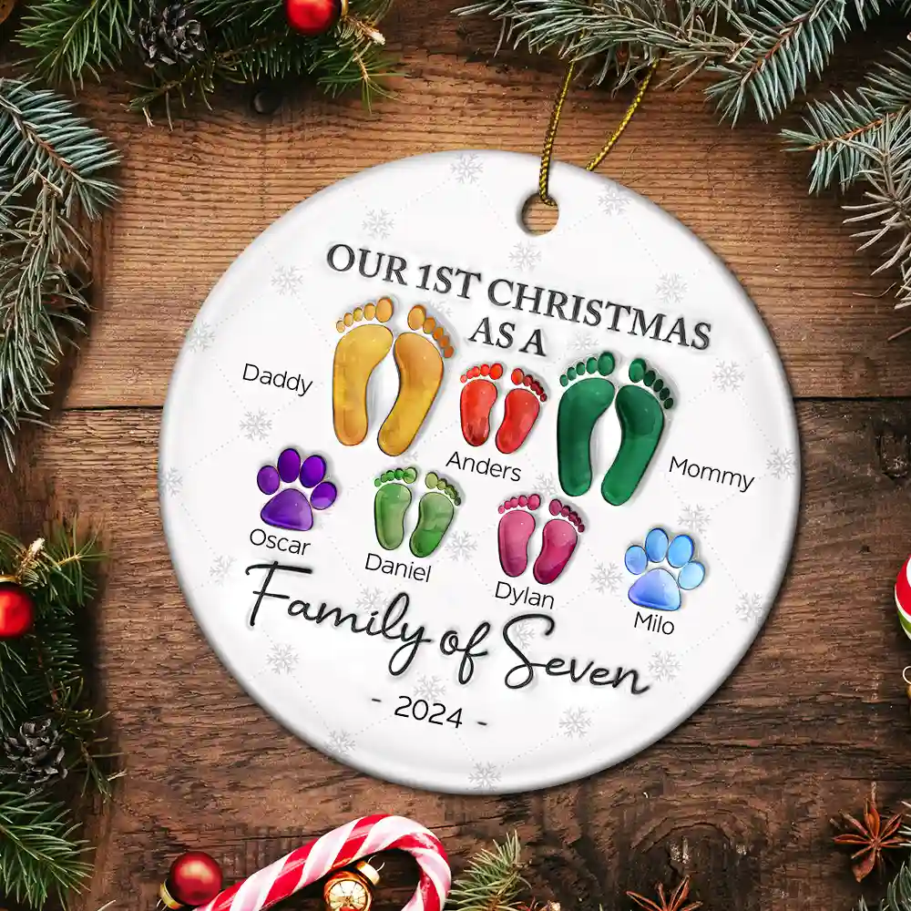 First Christmas As A Family Of Four Footprints - 3D Inflated Effect Printed Ornament, Personalized Circle Ceramic Ornament - Image 5