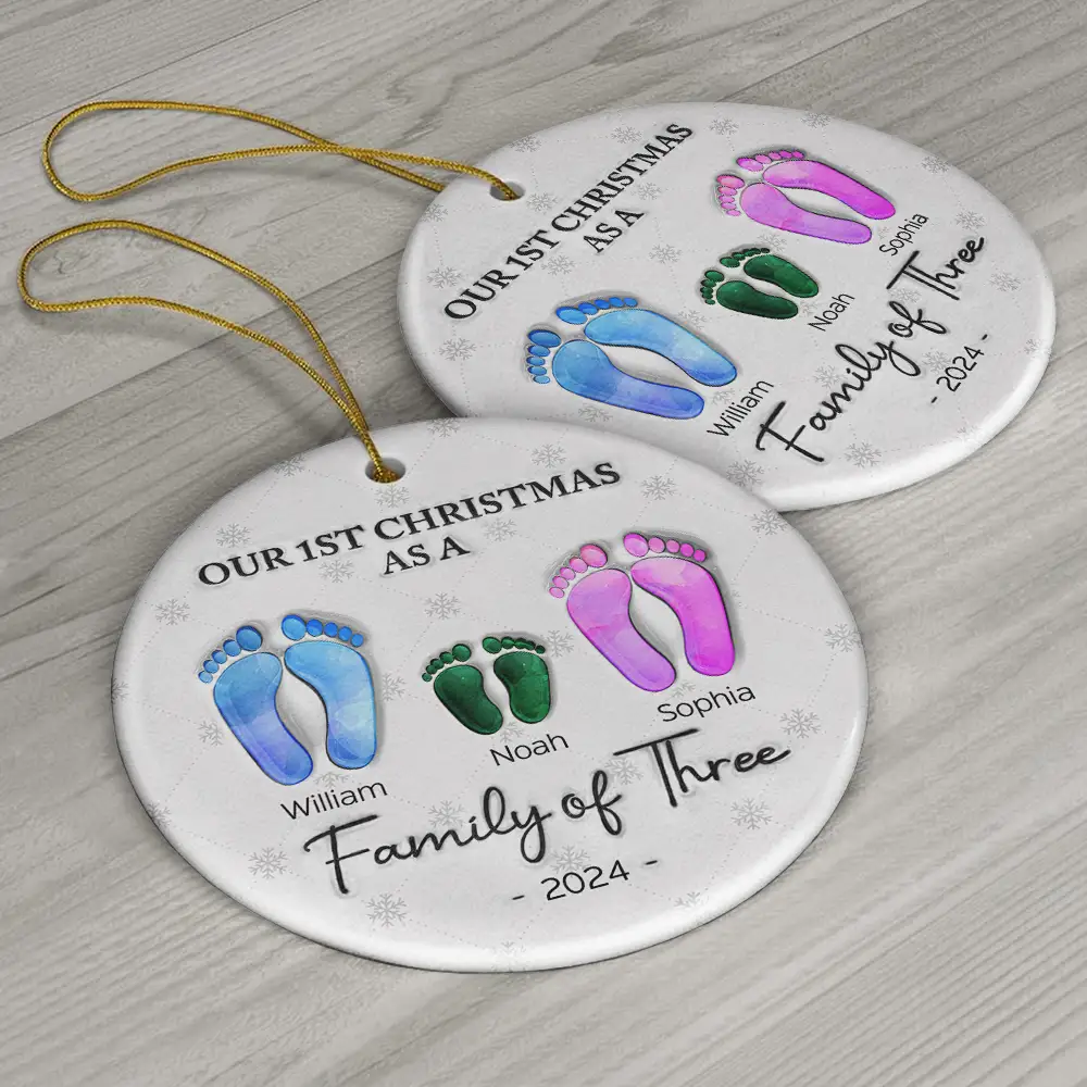 First Christmas As A Family Of Four Footprints - 3D Inflated Effect Printed Ornament, Personalized Circle Ceramic Ornament - Image 6