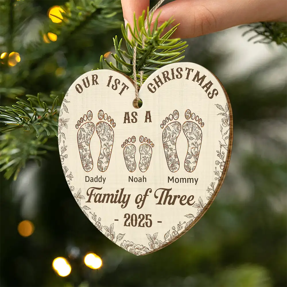 First Christmas As A Family Of Four Footprints Flower - Personalized Custom Shaped Wooden Ornament - Image 2