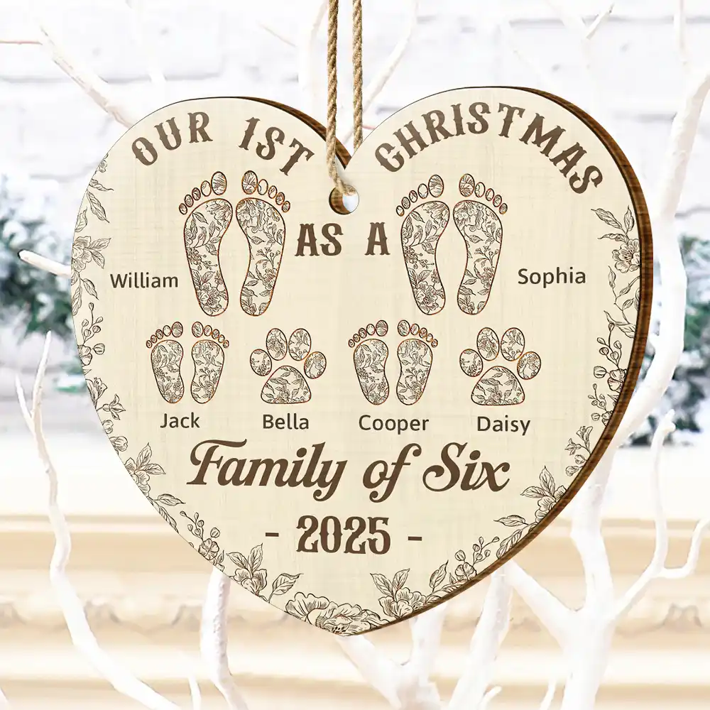 First Christmas As A Family Of Four Footprints Flower - Personalized Custom Shaped Wooden Ornament - Image 4