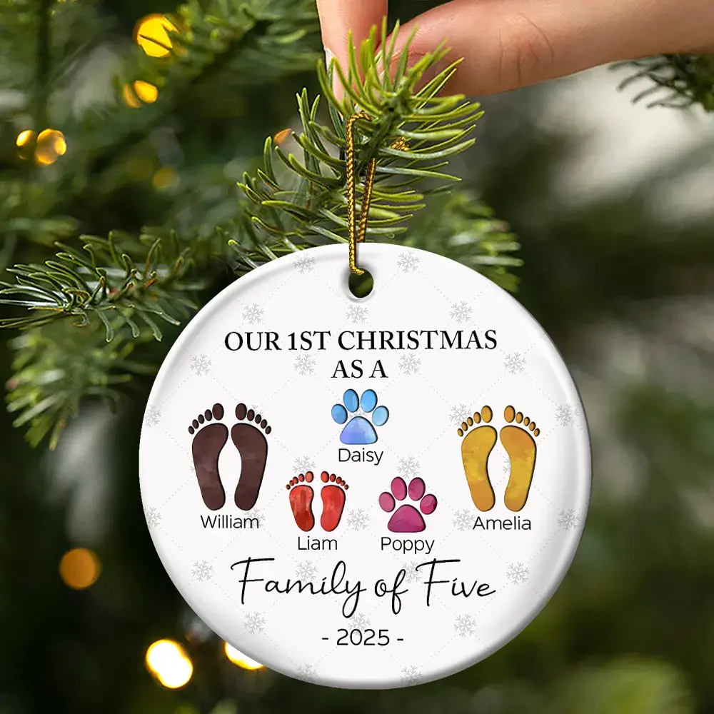 First Christmas As A Family Of Four Footprints - Personalized Circle Ceramic Ornament - Image 3