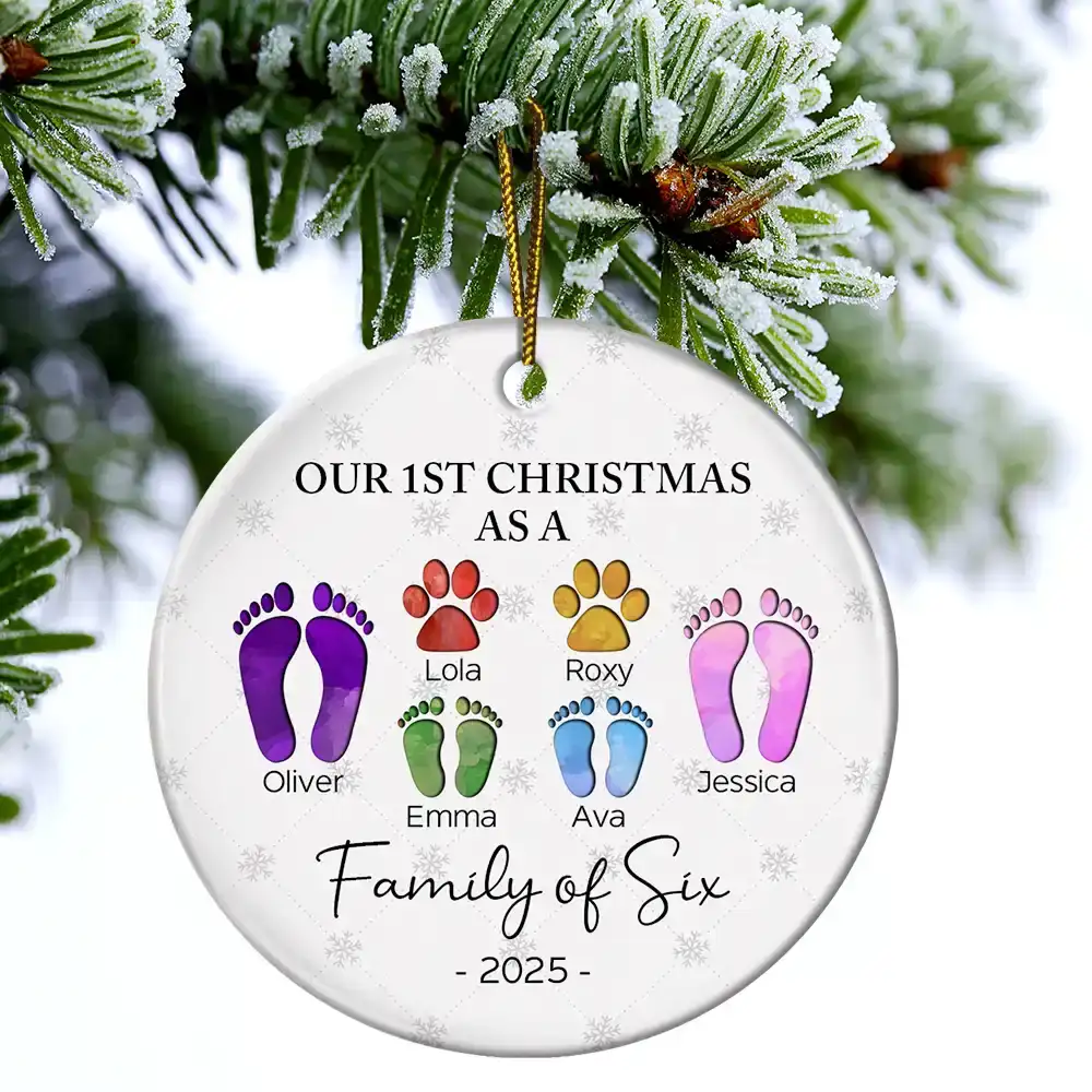 First Christmas As A Family Of Four Footprints - Personalized Circle Ceramic Ornament - Image 4