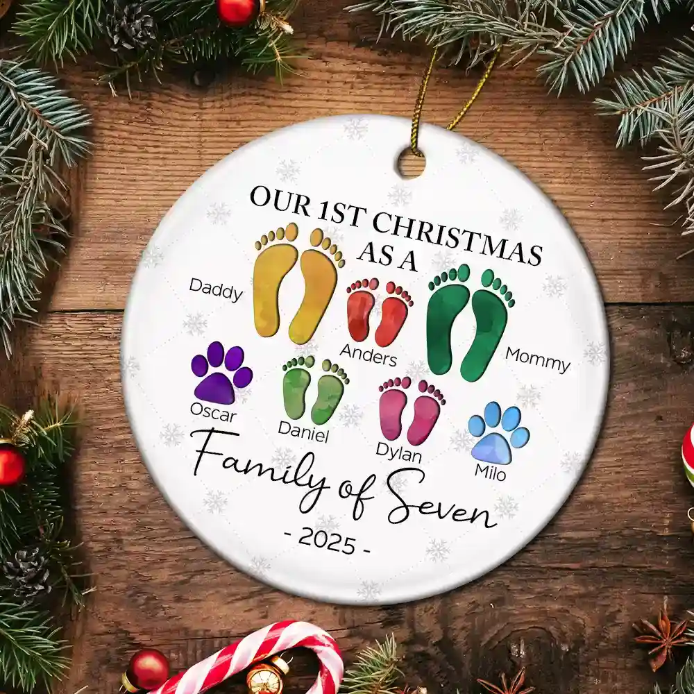 First Christmas As A Family Of Four Footprints - Personalized Circle Ceramic Ornament - Image 5