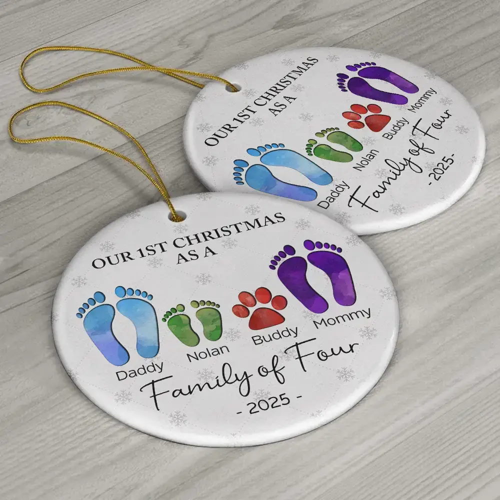First Christmas As A Family Of Four Footprints - Personalized Circle Ceramic Ornament - Image 6