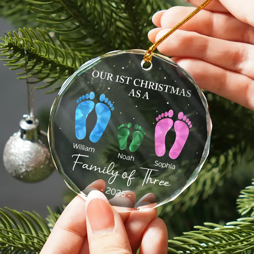 First Christmas As A Family Of Four Footprints - Personalized Circle Glass Ornament - Image 2
