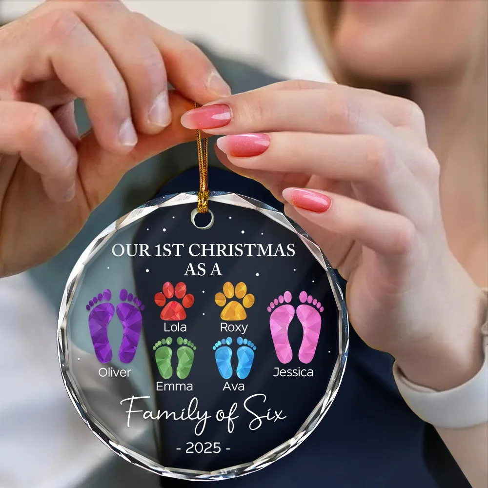 First Christmas As A Family Of Four Footprints - Personalized Circle Glass Ornament - Image 4