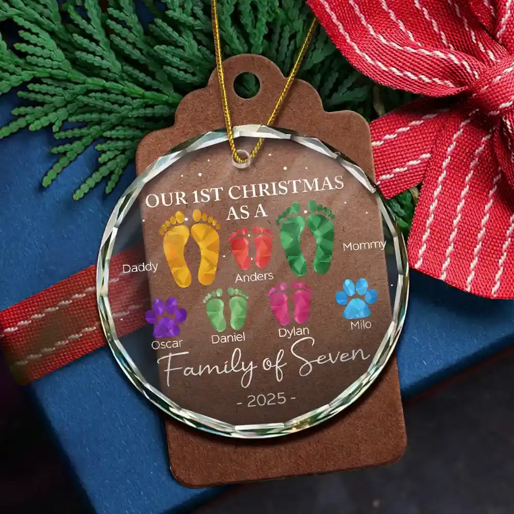 First Christmas As A Family Of Four Footprints - Personalized Circle Glass Ornament - Image 5