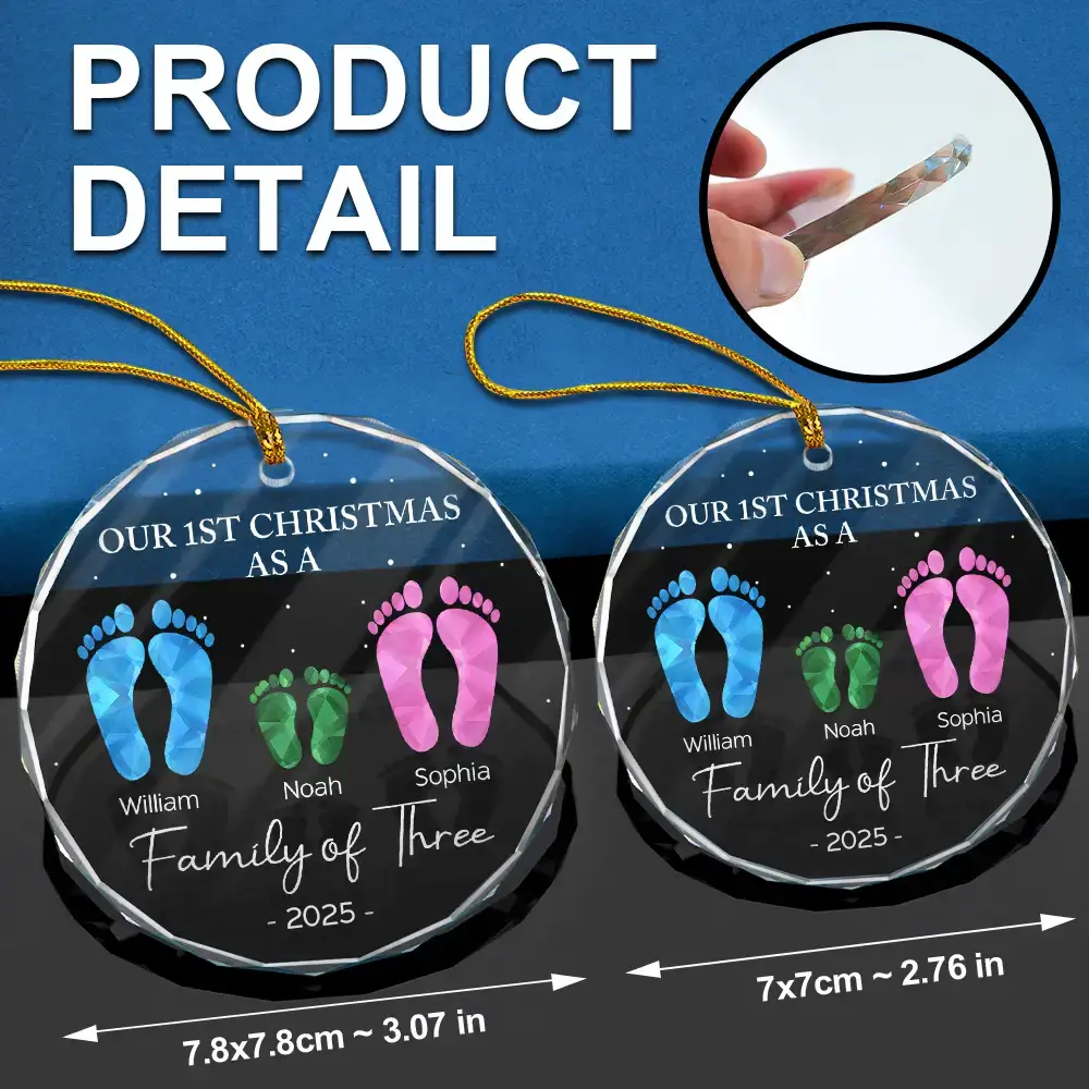 First Christmas As A Family Of Four Footprints - Personalized Circle Glass Ornament - Image 6