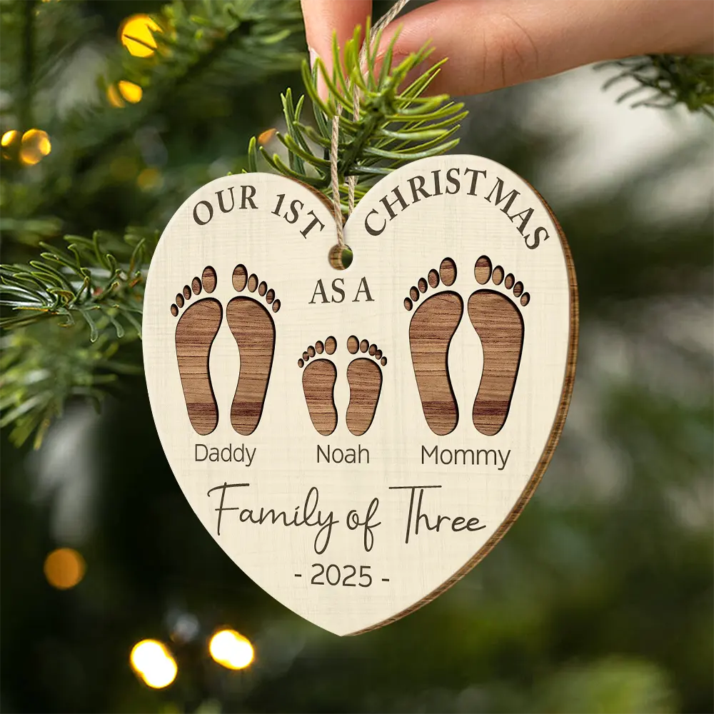 First Christmas As A Family Of Four Footprints - Personalized Custom Shaped Wooden Ornament - Image 2