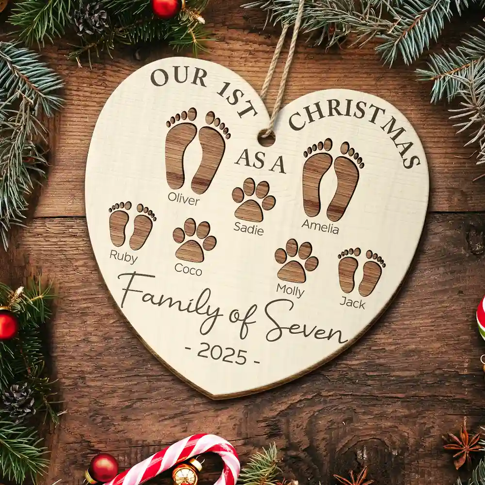 First Christmas As A Family Of Four Footprints - Personalized Custom Shaped Wooden Ornament - Image 5