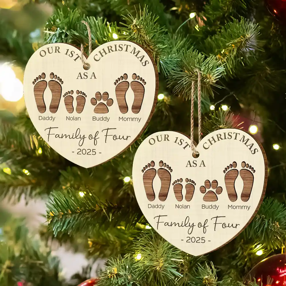 First Christmas As A Family Of Four Footprints - Personalized Custom Shaped Wooden Ornament - Image 6