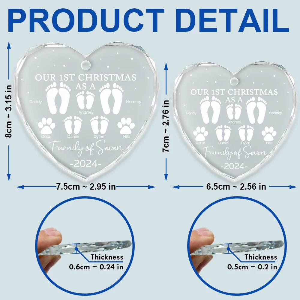 First Christmas As A Family Of Four Footprints - Personalized Heart Shaped Glass Ornament - Image 5