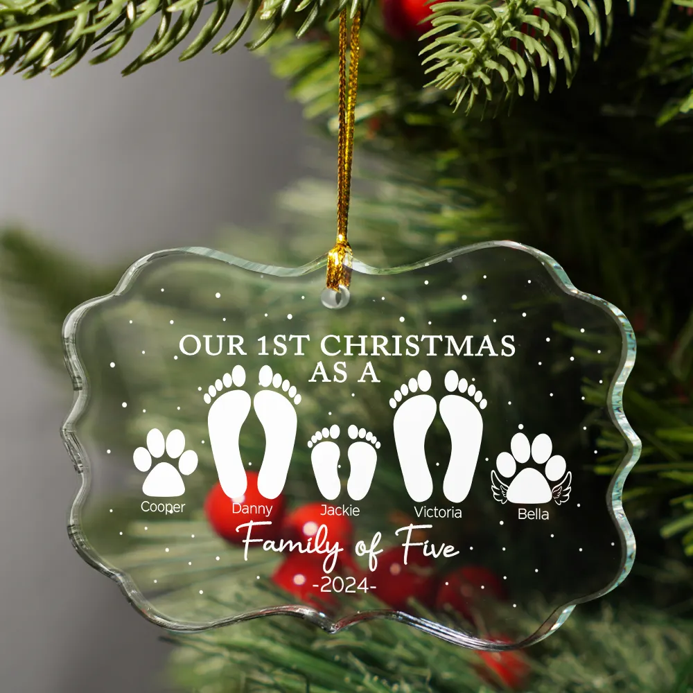 First Christmas As A Family Of Four Footprints - Personalized Medallion Glass Ornament - Image 3