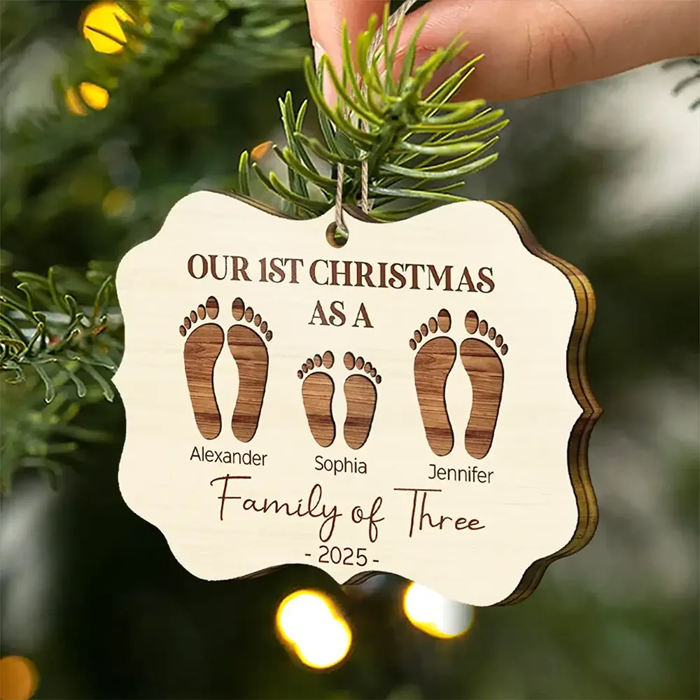 First Christmas As A Family Of Four Footprints - Personalized Medallion Wooden Ornament - Image 2